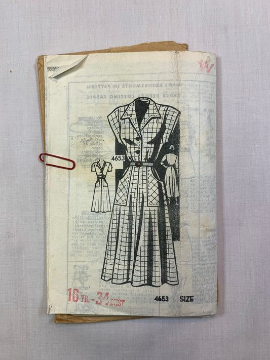 Mail Ordered Sewing Pattern 4653 Misses' Dress, Size 16, Cut, Vintage 1950