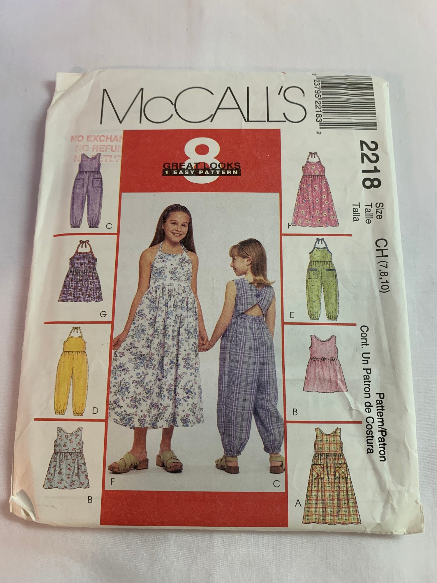 McCall's Sewing Pattern 2218 Girls/Children's Sundress, Romper, Two Lengths, Loose Fitting, Sleeveless, Size 7-10, Uncut, Vintage 1999