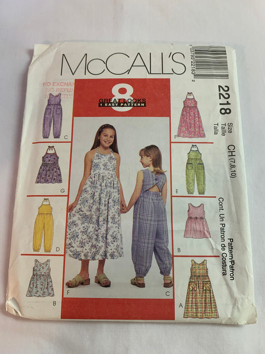 McCall's Sewing Pattern 2218 Girls/Children's Sundress, Romper, Two Lengths, Loose Fitting, Sleeveless, Size 7-10, Uncut, Vintage 1999