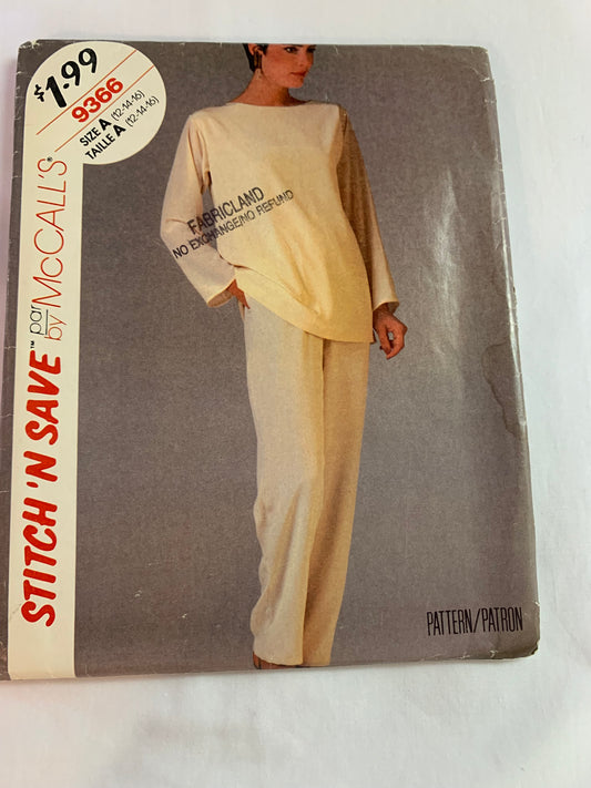McCall's Sewing Pattern Stitch 'n Save 9366 Misses' Tunic, Pants, Pullover, Elastic Waist, Pockets, Long Sleeves, Size 12-14, Cut, Vintage 1984