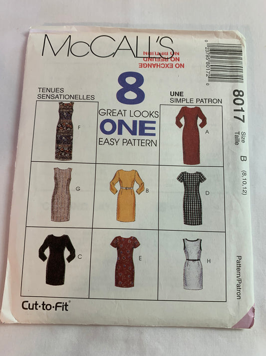 McCall's Sewing Pattern 8017 Misses' Dresses, 8 Variations, Long/Short Sleeves, Two Lengths, Darts, Zipper Back, Sleeveless, Size 8, Cut, Vintage 1996