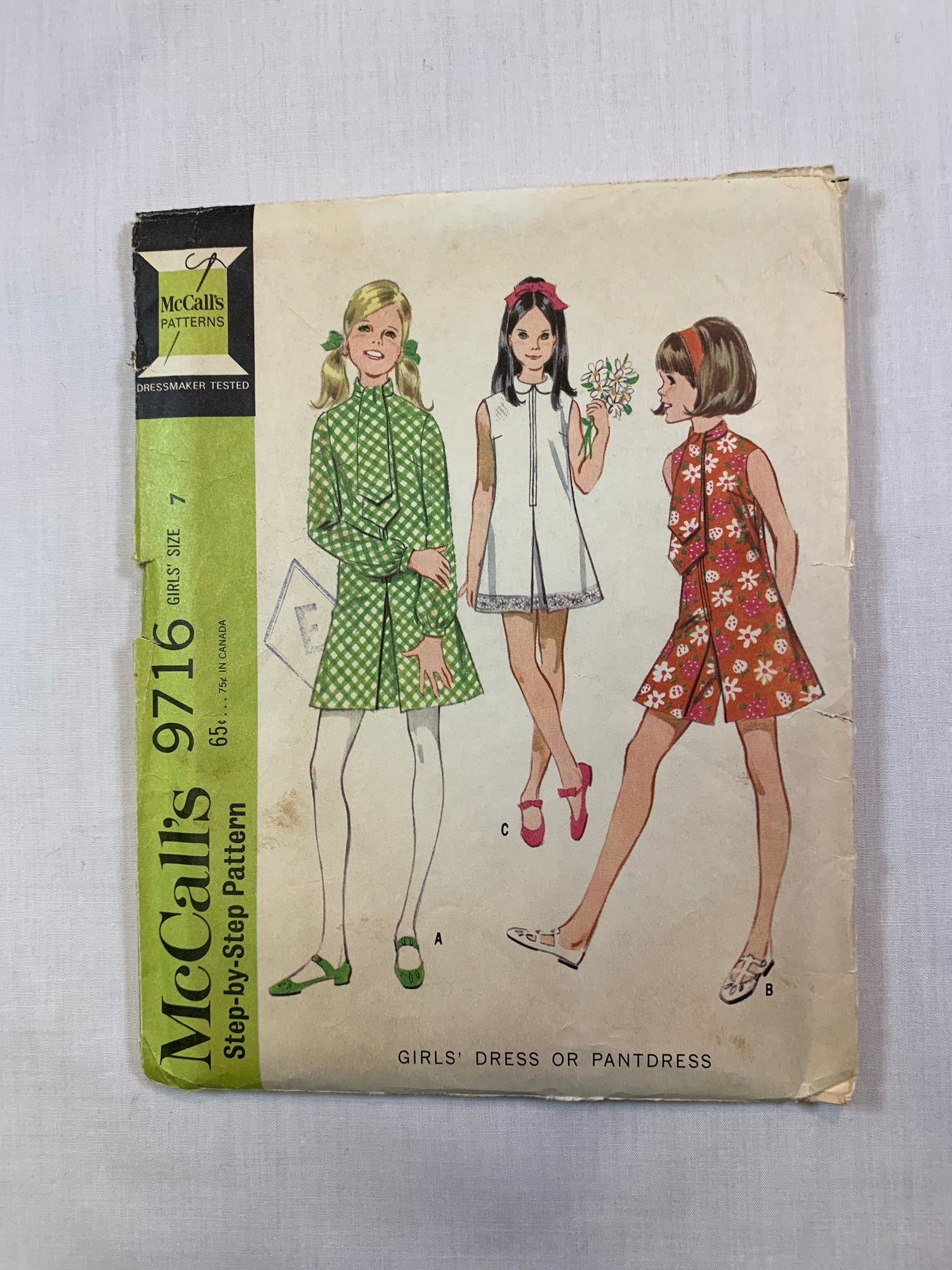 McCall's 9716 Girls' Dress, Pantdress, Size 7, Cut, Vintage 1969