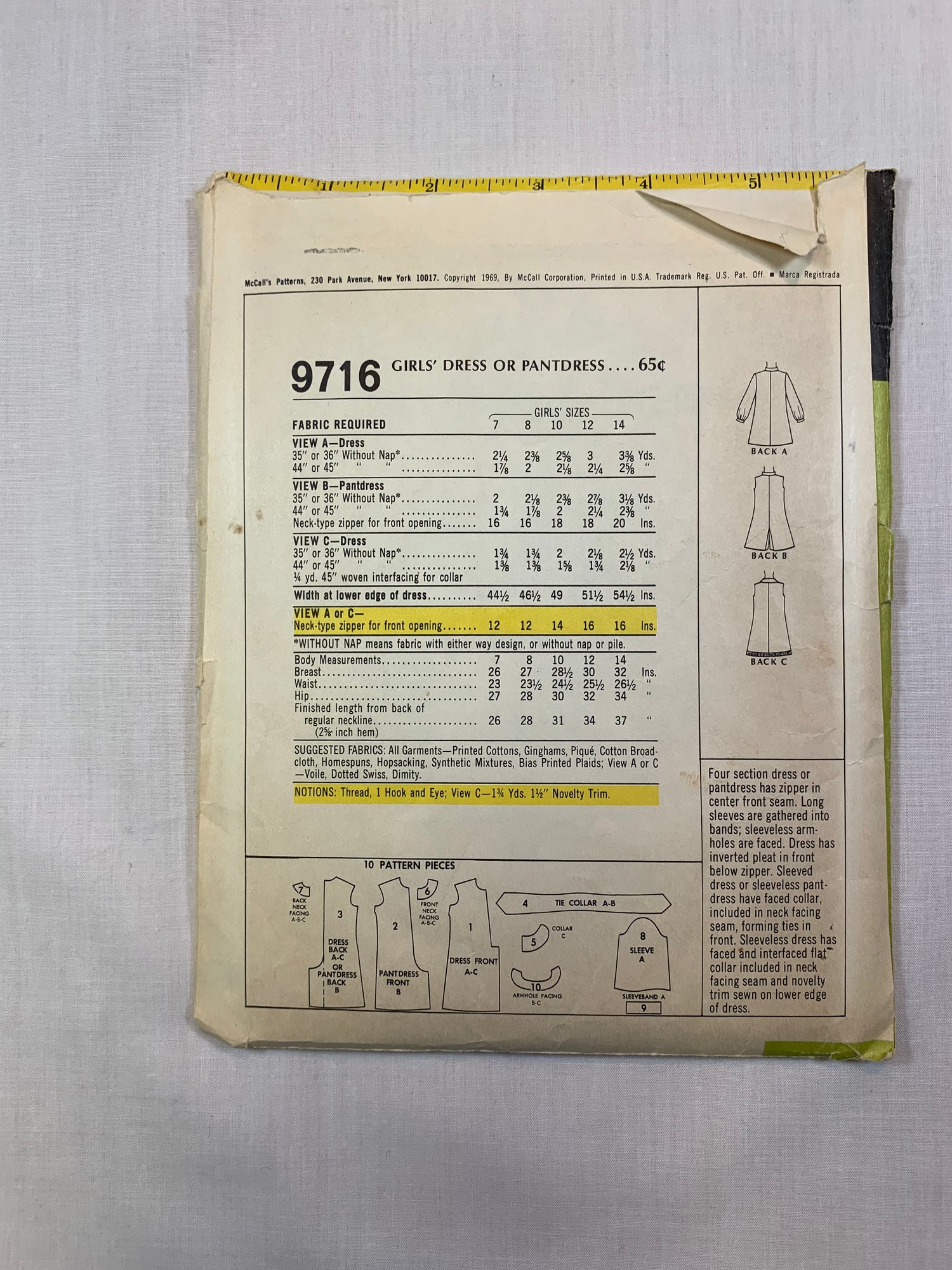 McCall's 9716 Girls' Dress, Pantdress, Size 7, Cut, Vintage 1969
