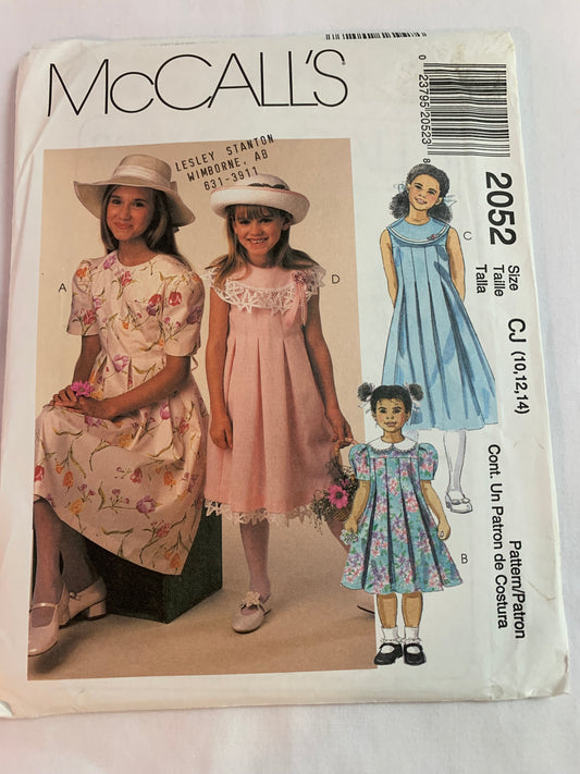 McCall's Sewing Pattern 2052 Girls' Dresses, Pleats, Short Sleeves, Sleeveless, Tie Belt, Zipper Back, 4 Variations, Size 10-14, Uncut, Vintage 1999