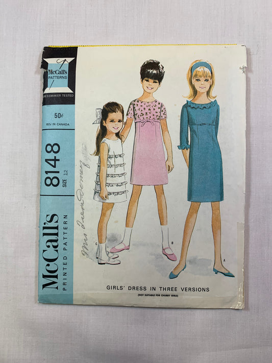 McCall's 8148 Girls' Dresses, Size 12, Cut, Vintage 1965