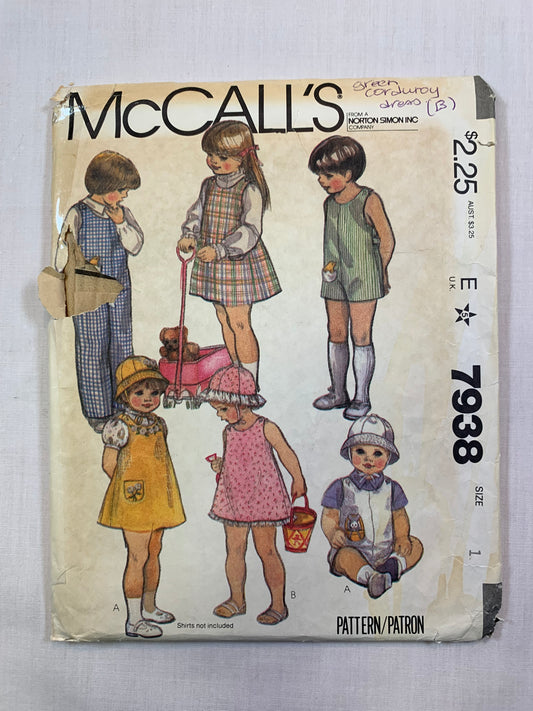 McCall's 7938 Toddlers' Girls' Jumpsuit, Jumper, Hat, Stuffed Toys, Size 1, Cut, Vintage 1982