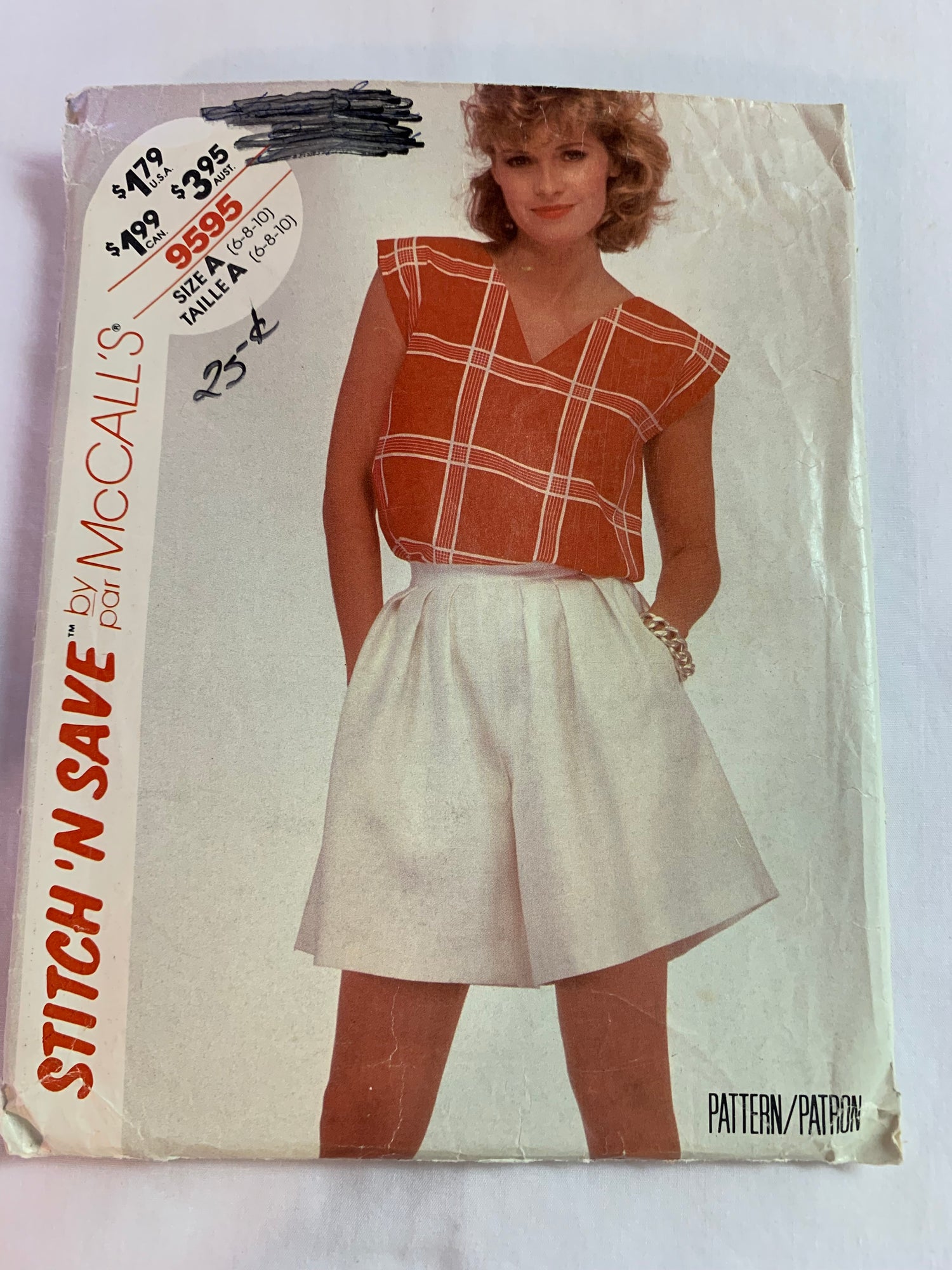 McCall's Stitch 'N Save Sewing Pattern 9595 Top, Culottes, Sleeveless, Pullover, Pockets, Pleats, Size 6-10, Cut, Vintage 1985