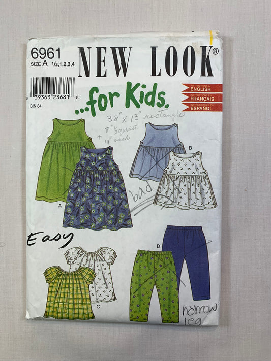 Simplicity New Look 6961 Girls' Top, Capri Pants, Dress, Shirt, Size 1/2-4, Cut