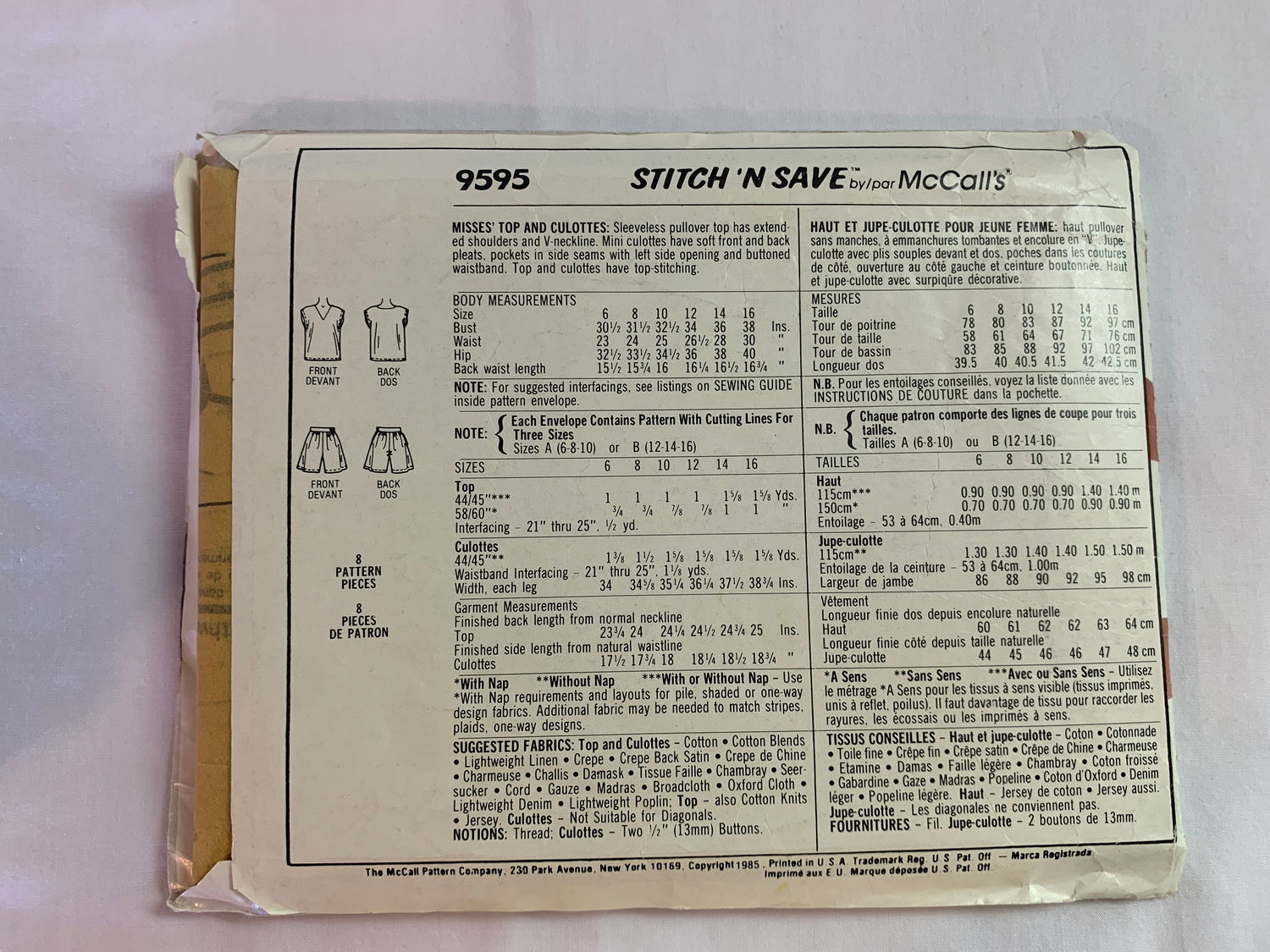 McCall's Stitch 'N Save Sewing Pattern 9595 Top, Culottes, Sleeveless, Pullover, Pockets, Pleats, Size 6-10, Cut, Vintage 1985