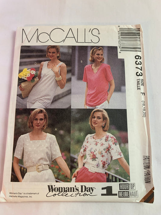 McCall's Sewing Pattern 6373 Misses' Tops, Pullover, Shoulder Pads, Short Sleeves, Sleeveless, 4 Variations, Size 18-20, Cut, Vintage 1993