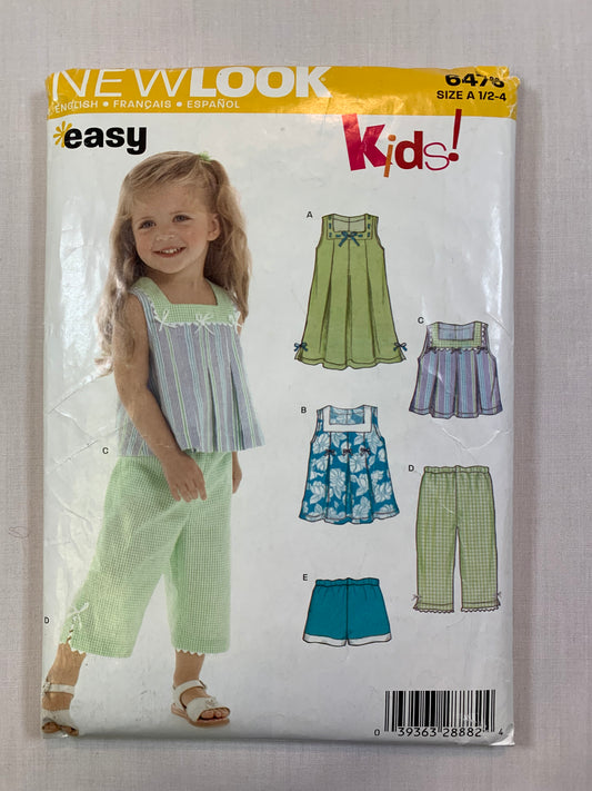 Simplicity New Look 6473 Girls' Top, Capri Pants, Dress, Shirt, Size 1/2-2, Cut