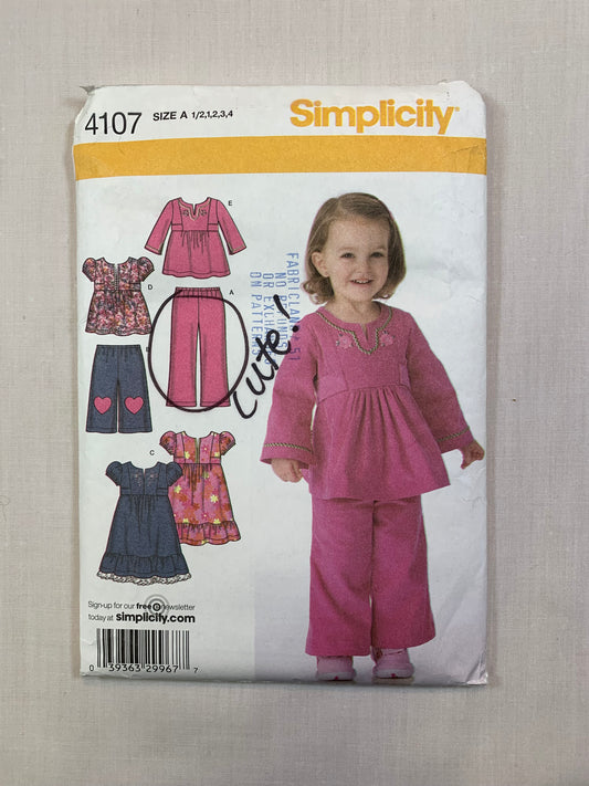 Simplicity New Look 4107 Girls' Top, Pants, Dress, Shirt, Size 1/2-4, Cut, 2006
