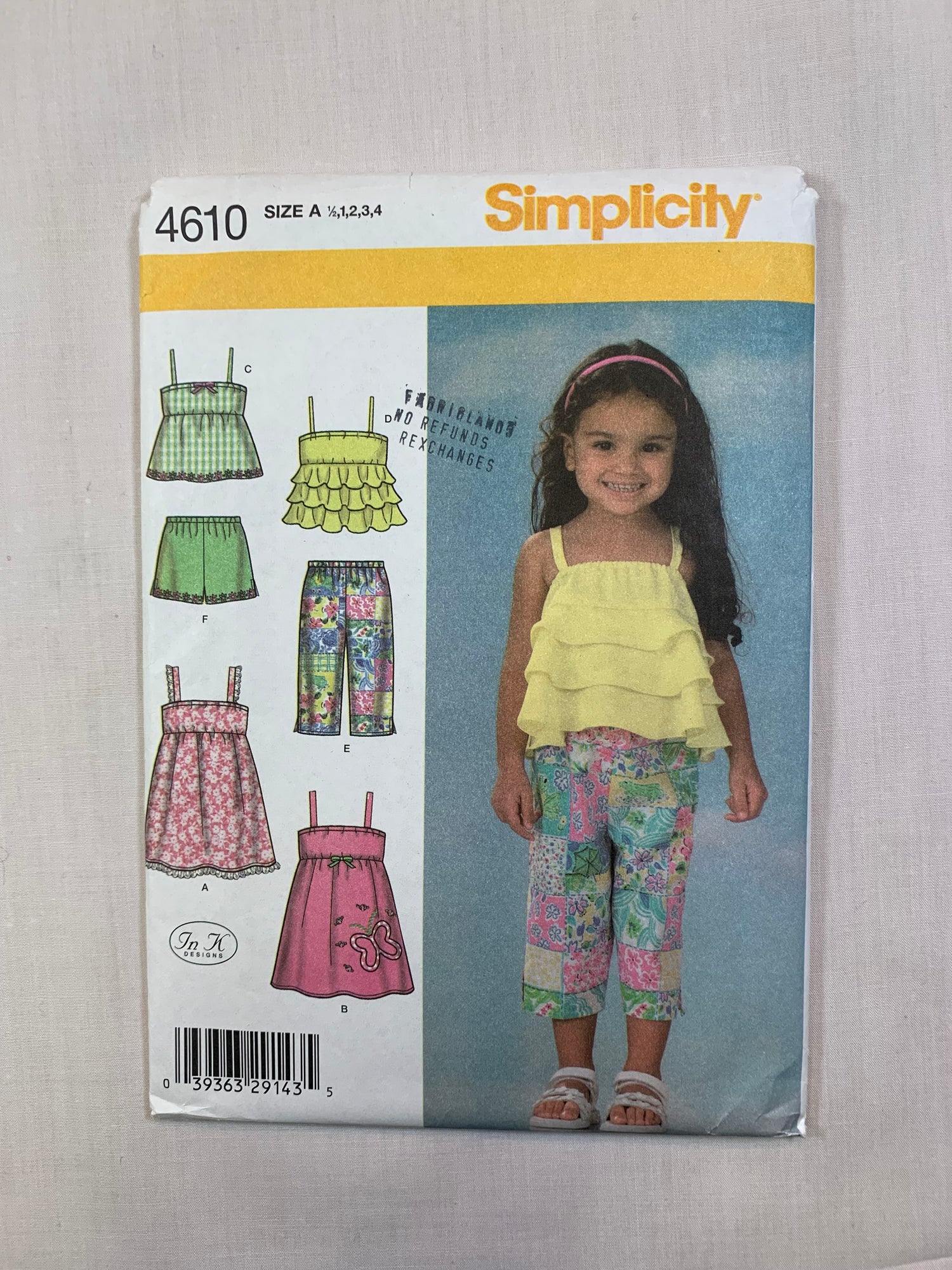 Simplicity  4610 Girls' Top, Pants, Dress, Shorts, Size 1/2-4, Cut, 2006