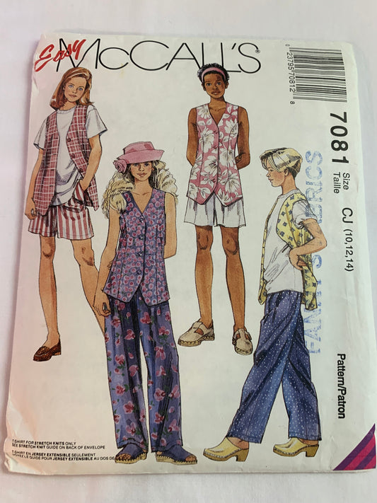 McCall's Sewing Pattern 7081 Girls' Unlined Vest, T-Shirt, Pants, Shorts, Stretch Knits Only, Pull-Over, Princess Seams, Size 10-14, Cut, Vintage 1994