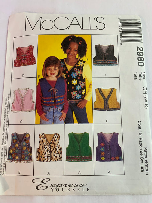 McCall's Sewing Pattern 2980 Girls' Vest, Button Front, Sleeveless, Two Lengths, Frog Closure, 10 Variations, Size 7-10, Uncut, 2000