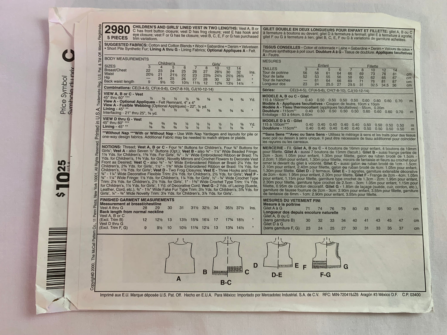McCall's Sewing Pattern 2980 Girls' Vest, Button Front, Sleeveless, Two Lengths, Frog Closure, 10 Variations, Size 7-10, Uncut, 2000
