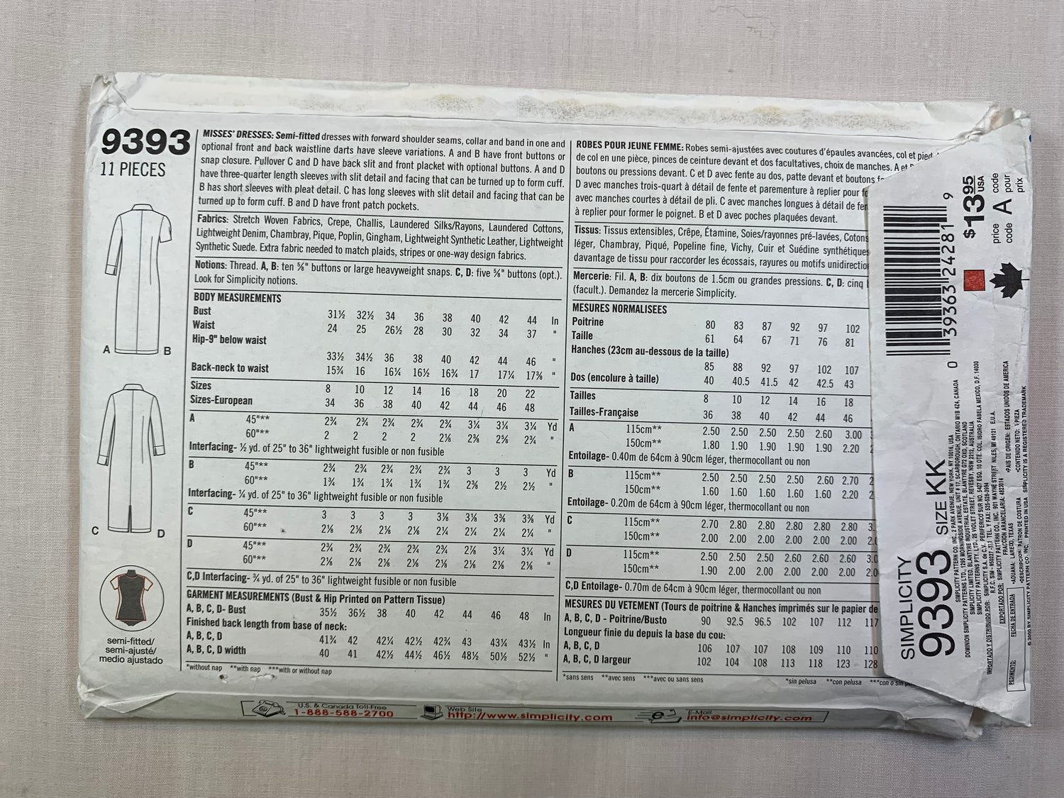 Simplicity 9393 Misses' Dresses, Size 8-12, Cut, 2000