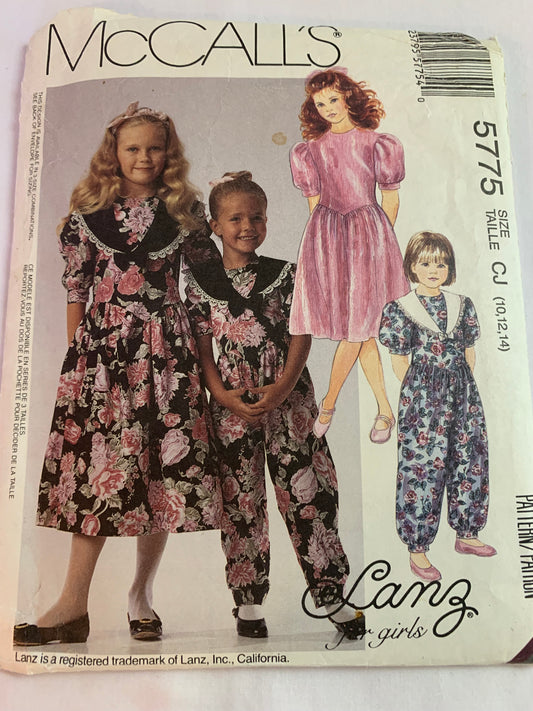 McCall's Sewing Pattern 5775 Girls/Children's Dress, Jumpsuit, Detachable Collar, Short Sleeves, Low Waist, Loose-Fitting, Size 10-14, Cut, Vintage 1992