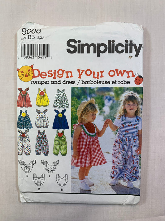 Simplicity 9008 Toddlers' Rompers, Dress, Size 2-4, Cut, Vintage 1994