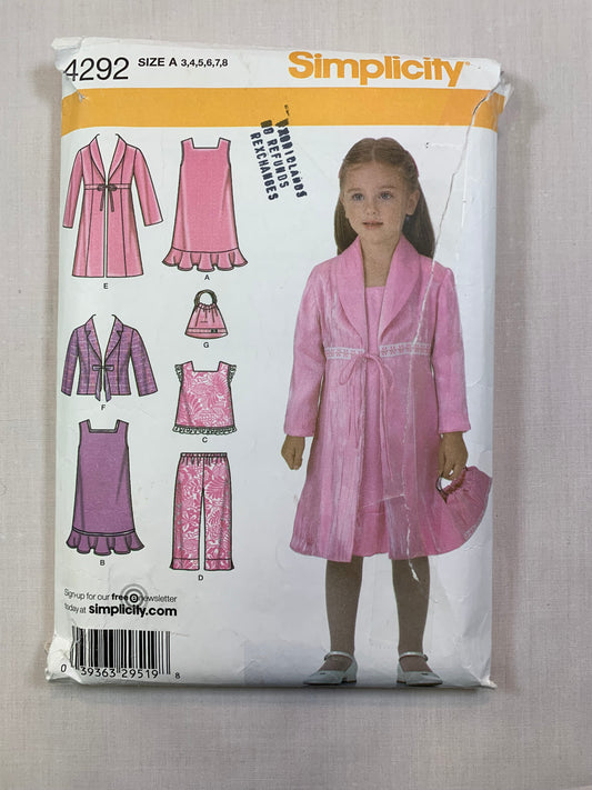 Simplicity 4292 Girls' Dress, Top, Cropped Pants, Coat, Jacket, Bag, Size 3-8, Cut, 2006
