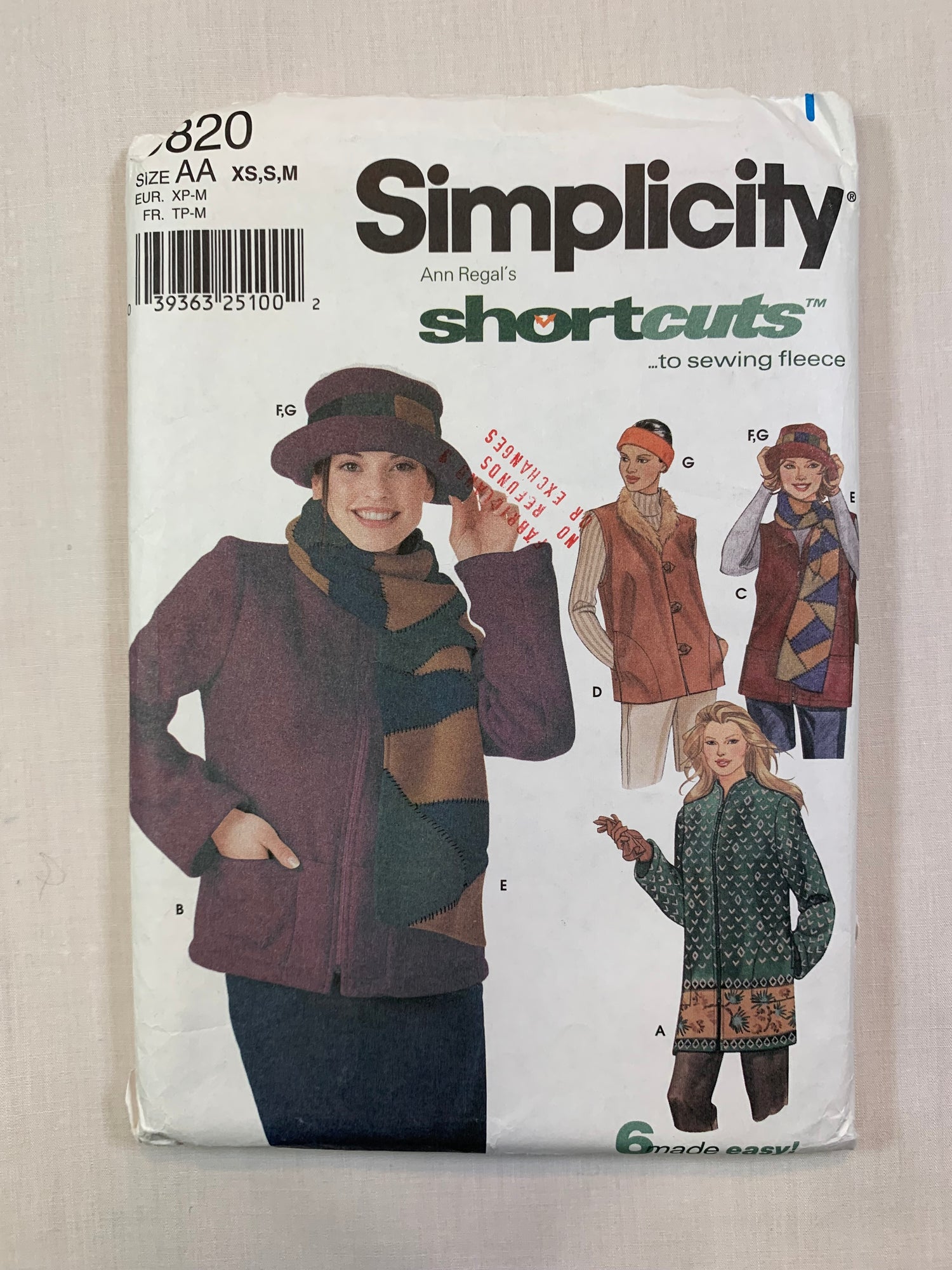 Simplicity 9820 Misses' Jacket, Vest, Scarf, Hat, Headband, Size 6-16, Cut