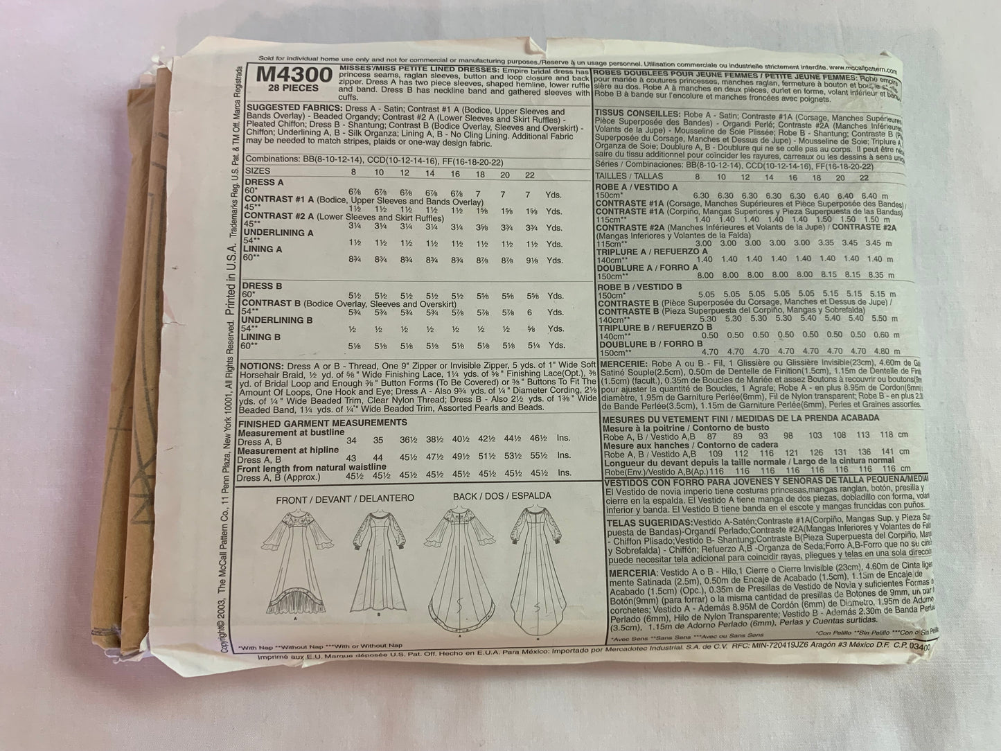 McCall's Alicyn Sewing Pattern 4300 Misses/Miss Petite Lined Wedding Dresses, Bride, Raglan Sleeves, Zipper, Ruffle, Size 10-16, Cut, 2003