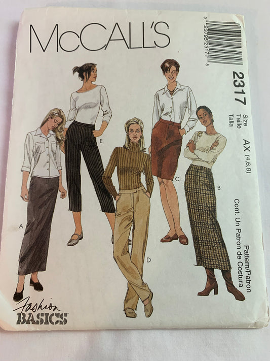 McCall's Sewing Pattern 2317 Misses' Skirt Three Lengths, Pants Two Lengths, Straight, Front Fly, Pockets, Slits, Size 4-8, Uncut, Vintage 1999