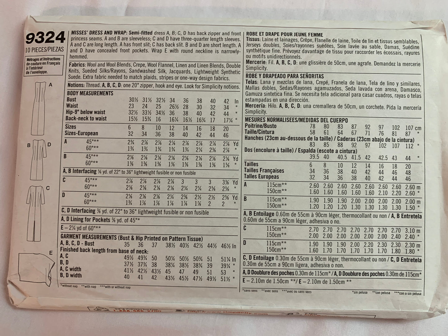 Simplicity Sewing Pattern 9324 Misses' Dress, Wrap, Two Lengths, Long Sleeves, Sleeveless, Slit, Pockets, Size 6-12, Uncut, 2000