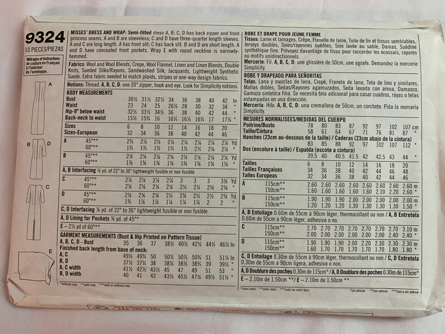 Simplicity Sewing Pattern 9324 Misses' Dress, Wrap, Two Lengths, Long Sleeves, Sleeveless, Slit, Pockets, Size 6-12, Uncut, 2000