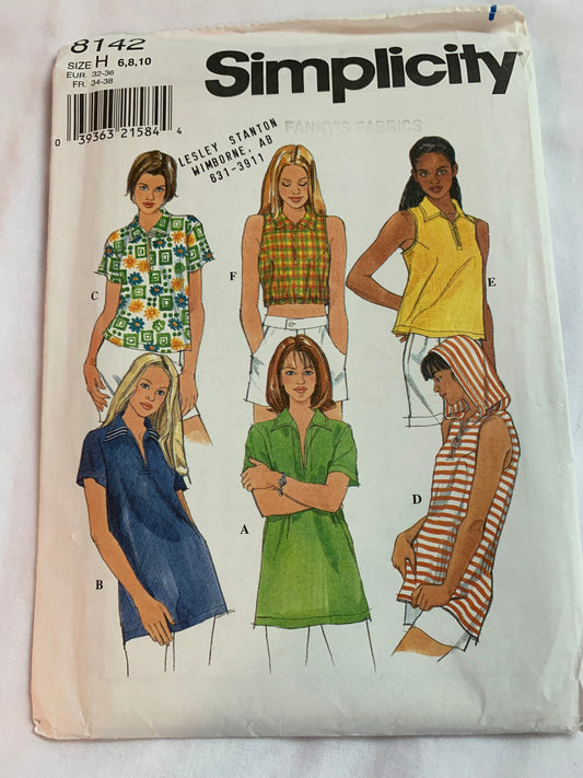 Simplicity Sewing Pattern 8142 Misses' Top, Short Sleeves, Sleeveless, Pullover, Two Lengths, Size, Hood, Elastic Waist, Size 6-10, Uncut, Vintage 1999