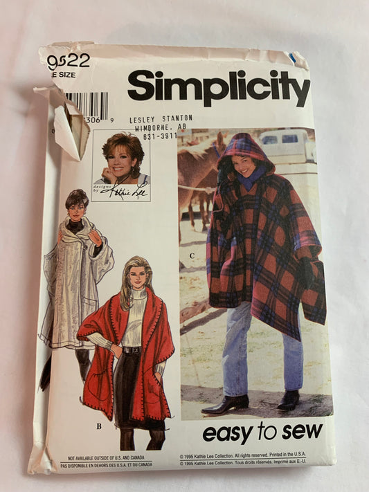 Simplicity Sewing Pattern 9822 Misses' Outerwear, Shawl, Hood, Long Sleeves, Pockets, Poncho, Size S-XL, Uncut, Vintage 1995