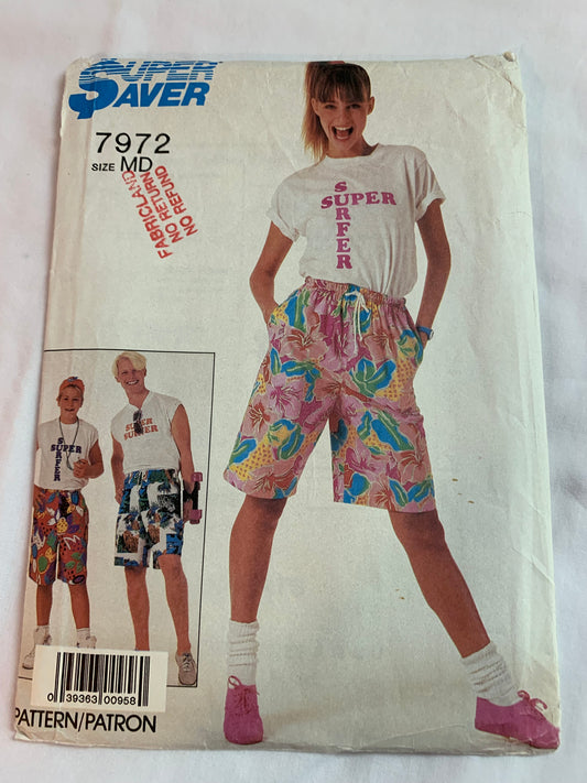 Simplicity Super Saver Sewing Pattern 7972 Misses'/Mens'/Teens Bermuda Shorts, Two Lengths, Pockets, Surfers, Cut, Size 28-30 Waist, Vintage 1987