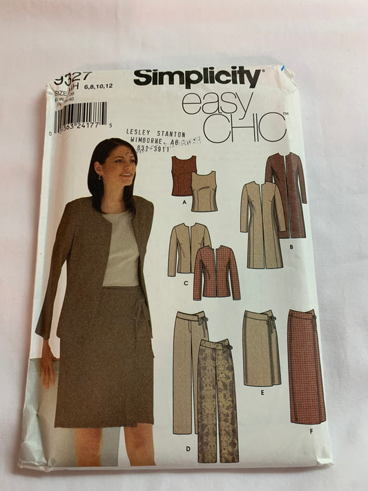Simplicity Sewing Pattern 9327 Misses' Top, Coat, Jacket, Pants, Skirt, Two Lengths, Semi-Fitted, Size 6-12, Uncut, 2000