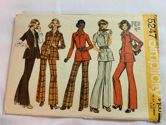 Simplicity Sewing Pattern 5247 Misses' Shirt-Jacket, Pants, Half Sizes, Long/Short Sleeves, Pockets, Collar, Size 14, Cut, Vintage 1972