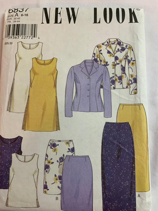 Simplicity New Look Sewing Pattern 6837 Misses' Jacket, Dress, Pants, Top, Long Sleeves, Zipper Back, Two Lengths, Size 6-16, Cut, Vintage 1999