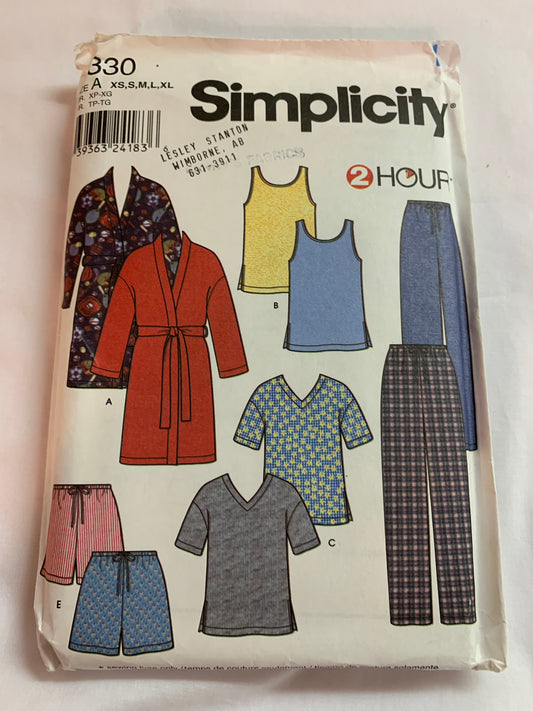 Simplicity Sewing Pattern 9330 Misses'/Men's/Teens' Sleepwear, Pajamas, Robe, Top, Pants, Shorts, Size 30-48, Uncut, 2000