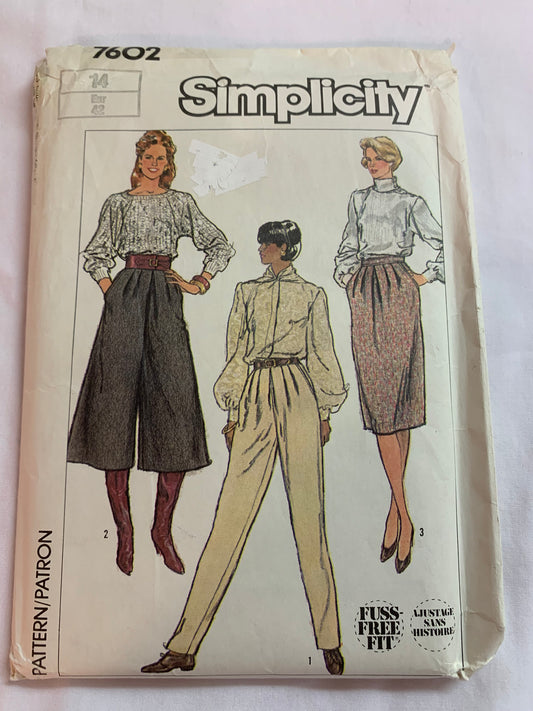 Simplicity Sewing Pattern 7602 Misses' Skirt, Pants, Culottes, Tapered, Slim, Pleats, Zipper Back,, Size 14, Uncut, Vintage 1986