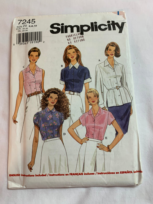 Simplicity Sewing Pattern 7245 Misses' Blouse, Semi-Fitted, Darts, Collar, Long/Short Sleeves, Sleeveless, 5 Variatiions, Size 6-10, Uncut, Vintage 1996
