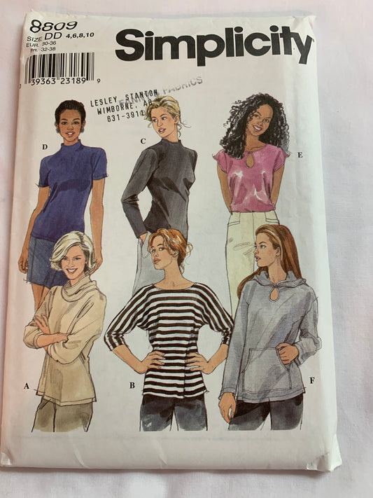 Simplicity Sewing Pattern 8809 Misses' Knit Top, Pullover, Long/Short Sleeves, Hood, Dolman/Kimono Sleeves, Size 4-10, Uncut, Vintage 1999