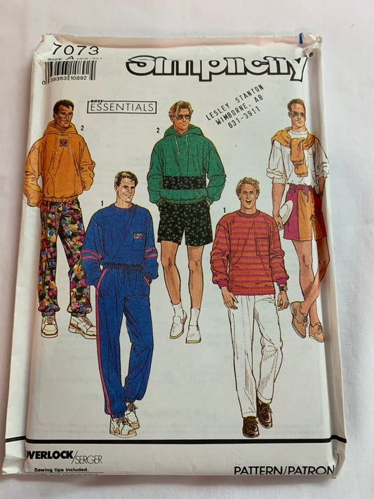 Simplicity Sewing Pattern 7073 Men's/ Teens' Pull-On Pants, Shorts, Pullover Top, Pockets, Hood, Long Sleeves, Size 30-48, Uncut, Vintage 1996