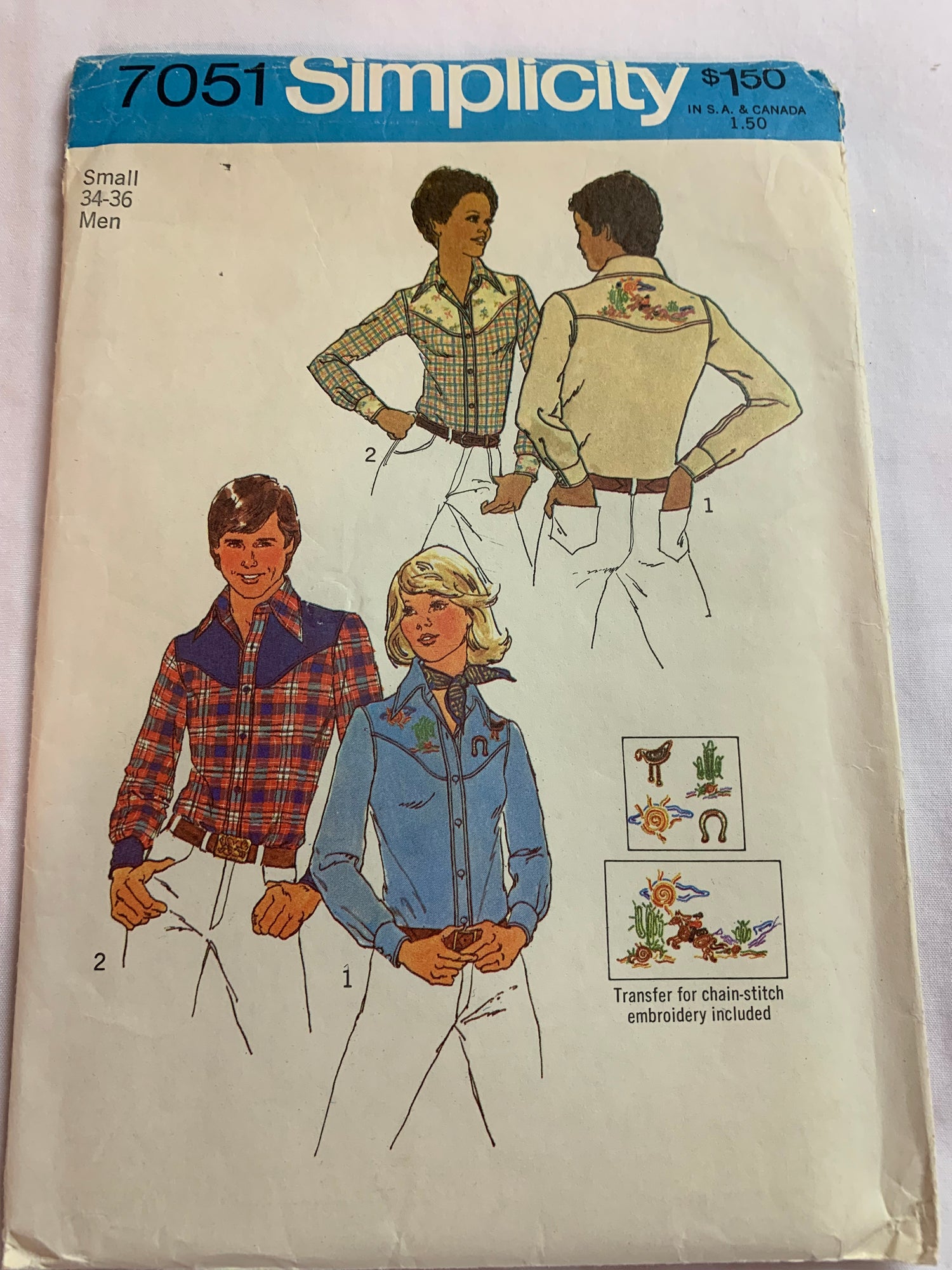 Simplicity Sewing Pattern 7051 Misses'/Men's, Western Shirt, Button/Snap Front, Cuffs, Size 34-36, Cut, Vintage 1972