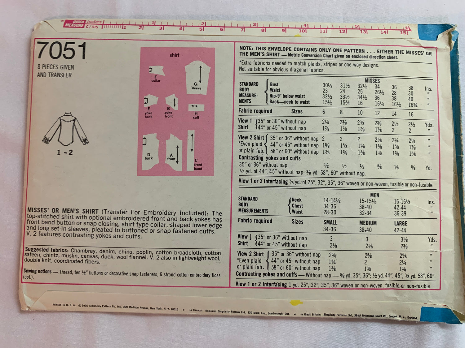 Simplicity Sewing Pattern 7051 Misses'/Men's, Western Shirt, Button/Snap Front, Cuffs, Size 34-36, Cut, Vintage 1972