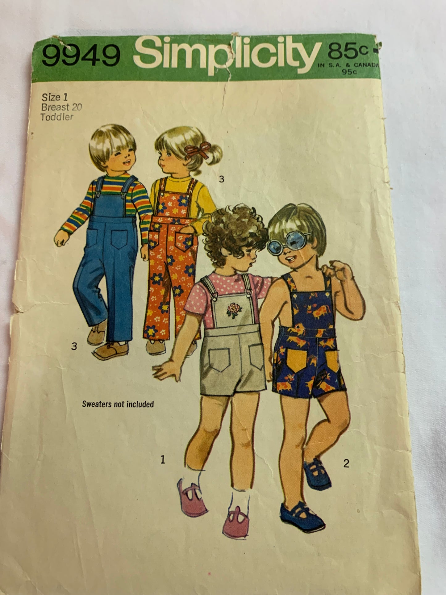 Simplicity Sewing Pattern 9949 Toddlers' Overalls, Two Lengths, Shoulder Straps, Elastic Back, Cut, Vintage 1972