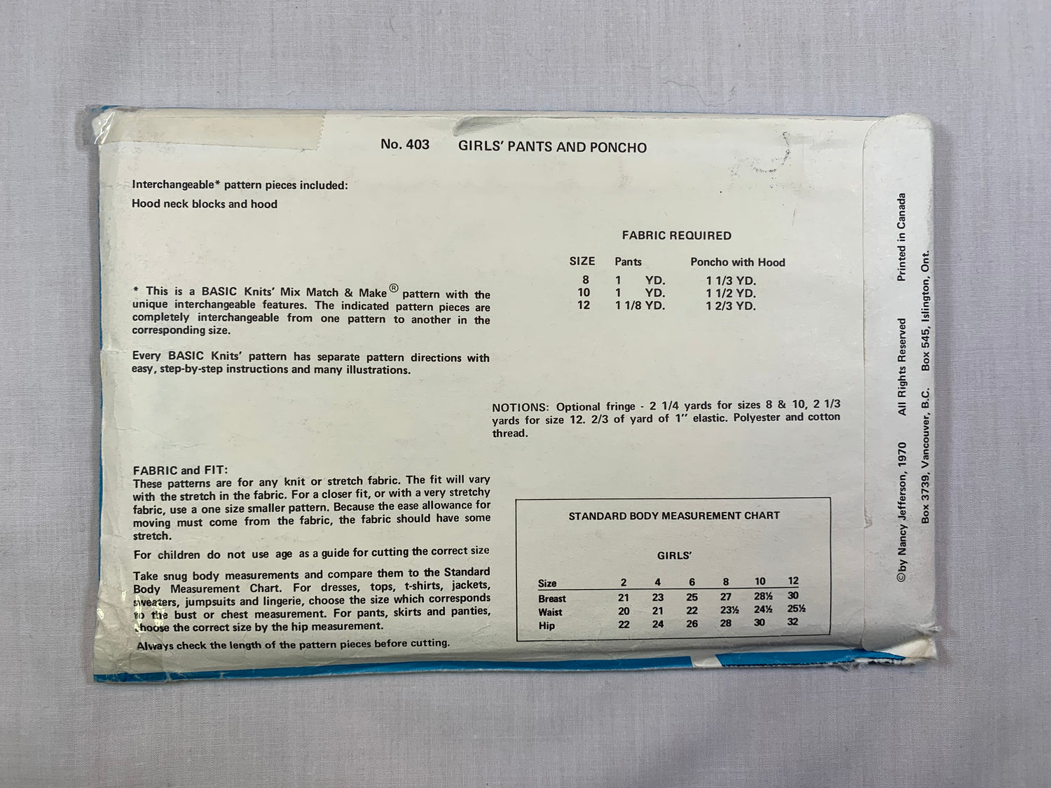Basic Knits 403 Girls' Ponchos, Pants, Size 8-12, Uncut, Vintage 1970