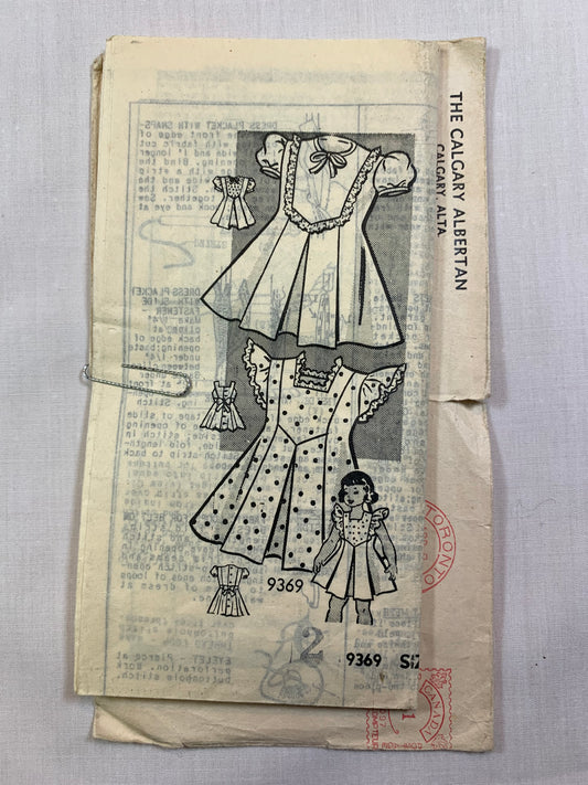 Mail Ordered Sewing Pattern 9369 Girls' Dress, Size 2, Cut, Vintage 1948