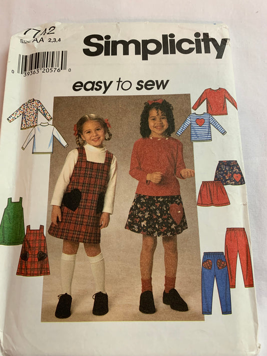 Simplicity Sewing Pattern 7742 Girls' Pull-On Pants, Top, Pullover Jumper/Top, Skirt, Elastic Waist, Pockets, Size 2-4, Uncut, Vintage 1997