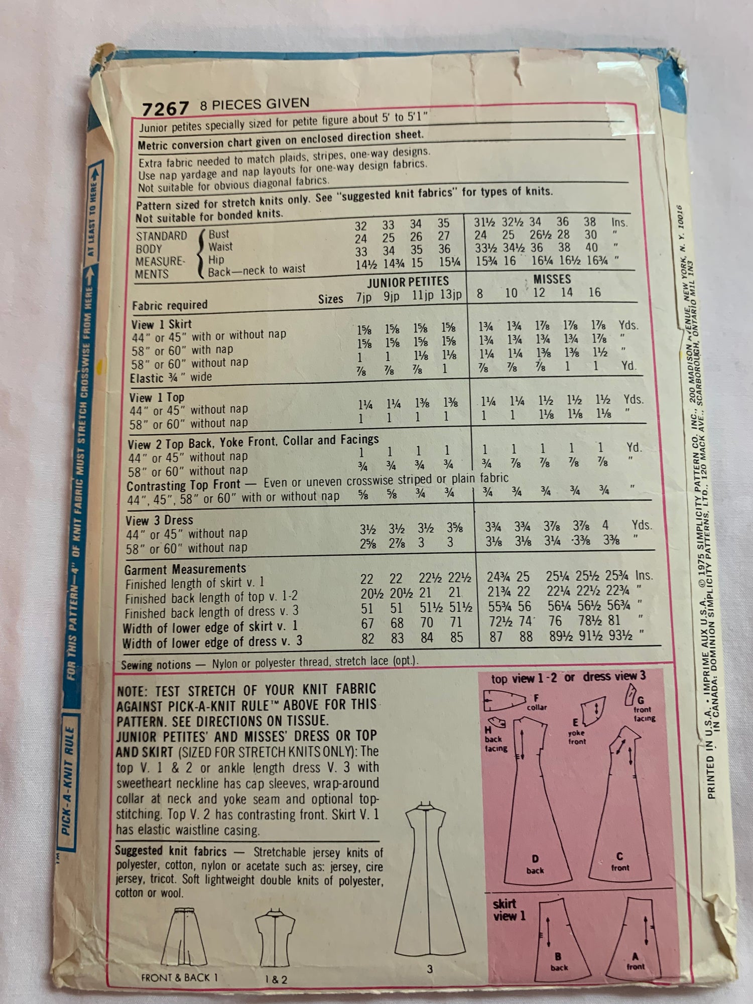 Simplicity Sewing Pattern 7267 Misses'/Junior Petites Dress Top, Skirt, Two Lengths, Flared, Short Sleeves, Collar, Size 12, Cut, Vintage 1975
