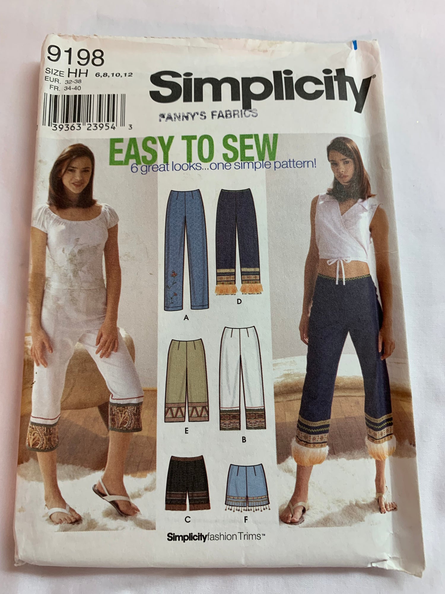 Simplicity Sewing Pattern 9198 Misses' Pants, Shorts, 6  Lengths, Semi-Fitted, Zipper Back, 6 Variations, Size 6-12, Uncut, 2000