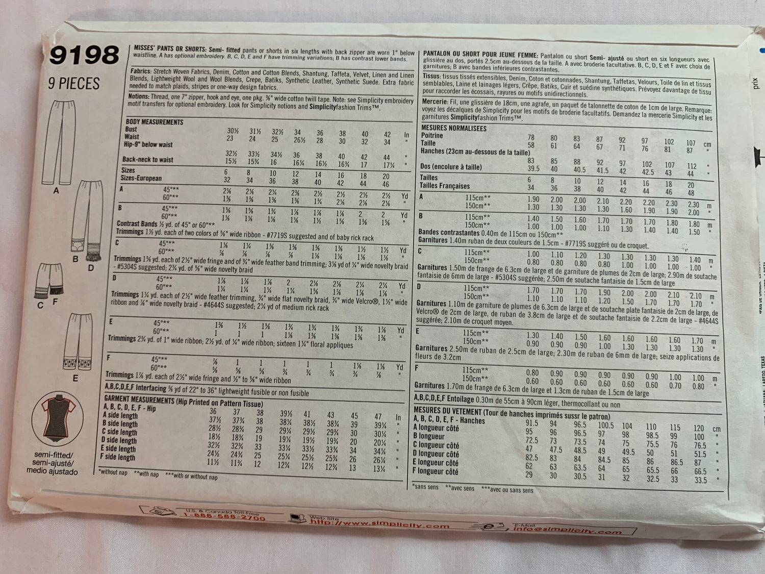 Simplicity Sewing Pattern 9198 Misses' Pants, Shorts, 6 Lengths, Semi-Fitted, Zipper Back, 6 Variations, Size 6-12, Uncut, 2000
