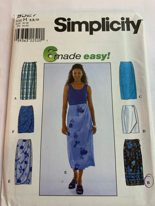 Simplicity Sewing Pattern 8527 Misses' Skirts, 6 Variations, Wrap, Side Ties, Two Lengths, Straight, Size 6-10, Uncut, Vintage 1998